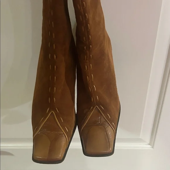 Made In Italy Camel Tan Brushed Suede and Leather High Calf Heeled Boots - Picture 11 of 14